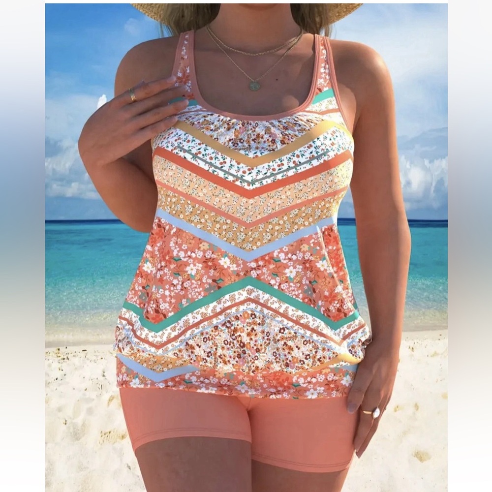 Tankini Set w/ Peach Bottoms & Floral Tank Top Size 3X New!